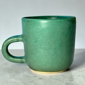 Handmade Studio Pottery Mug Signed ANK – Green Matte Wabi Sabi Ceramic Cup Heavy